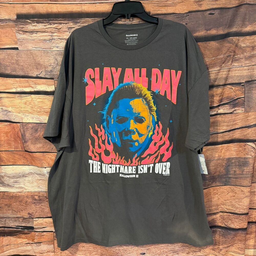 Halloween II T-Shirt Men's Gray 3XL Michael Myers Graphic Tee Cotton Slay